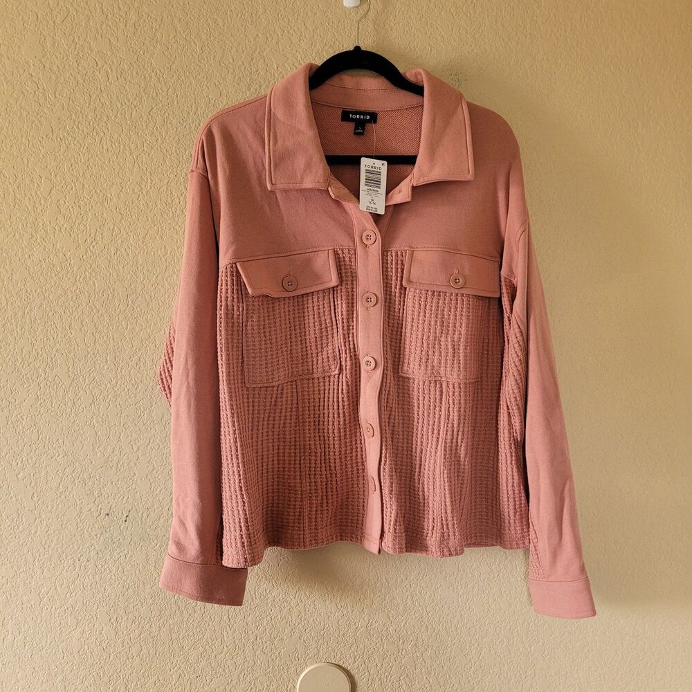 Torrid Womens Waffle Knit Shacket Size 1x Pink Textured Button Up Lounge Relaxed